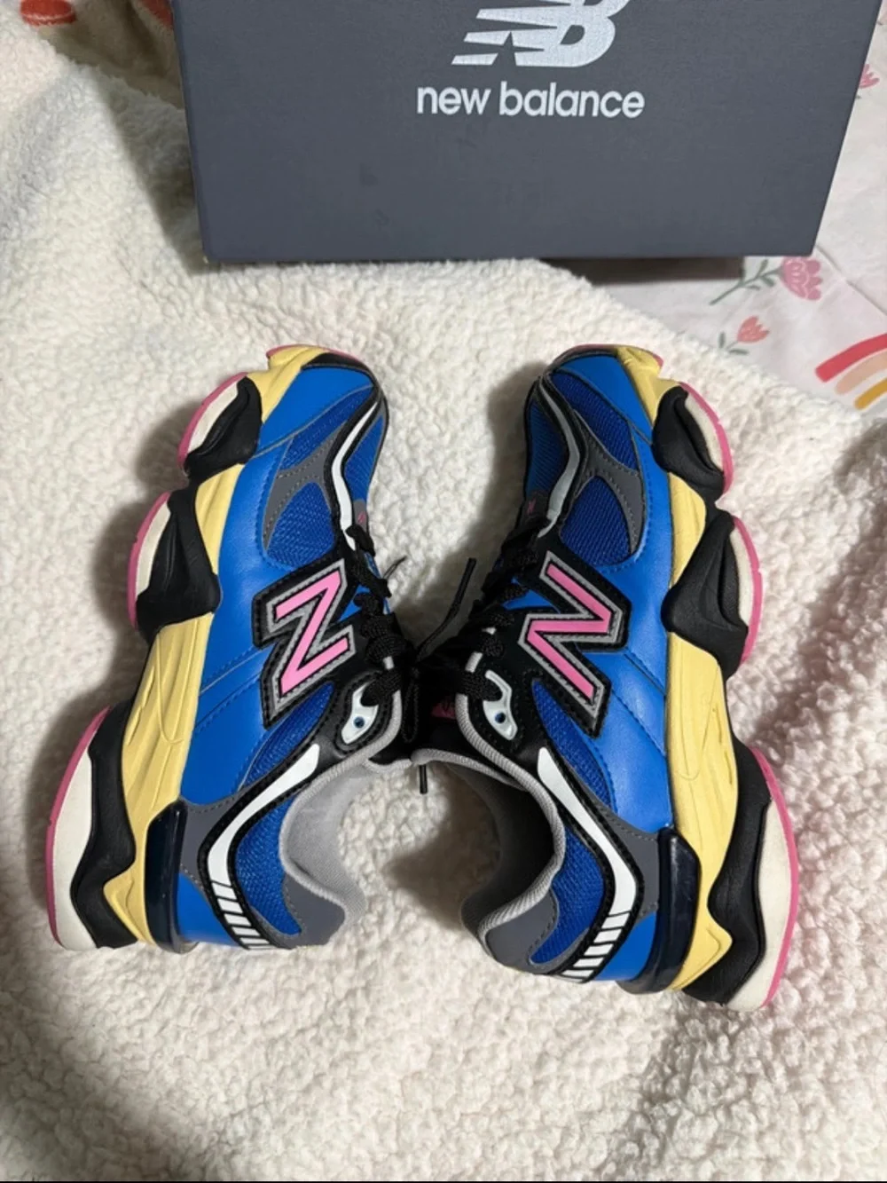 New Balance Kids Royal Blue Sneakers with Pink and Yellow Accents